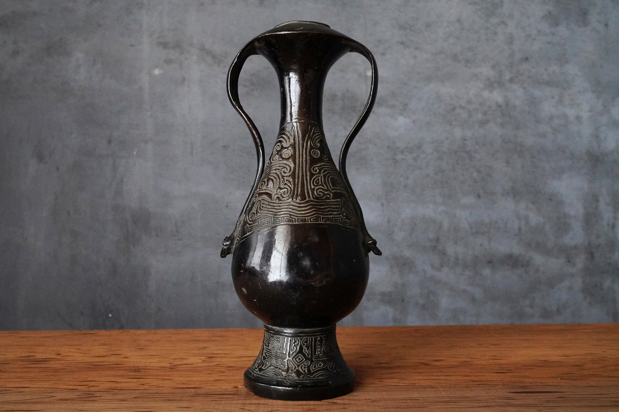 中国美術 古銅 象双耳 瓶 高30cm 茶道具伝来-